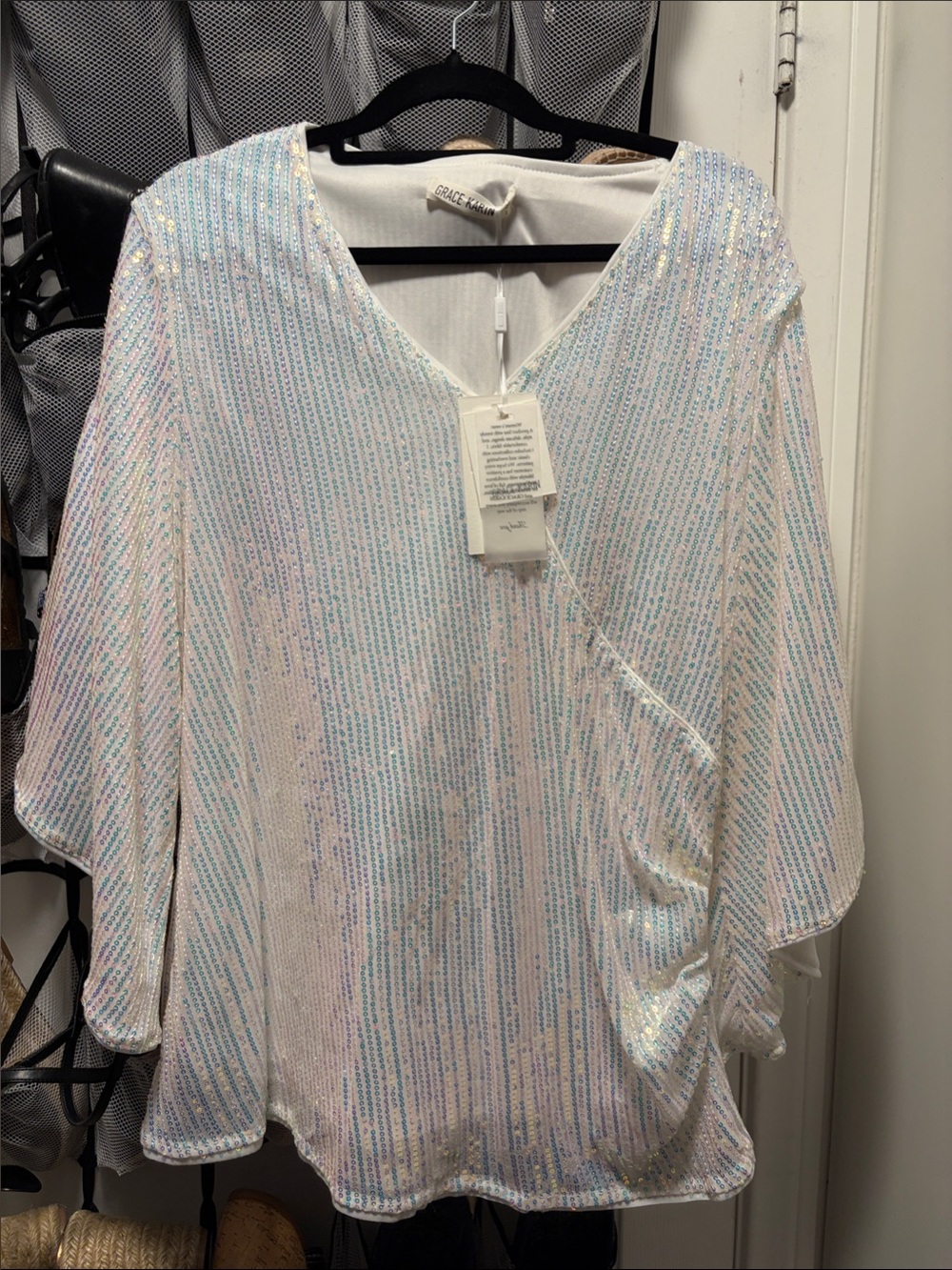 Iridescent Sequin V-Neck Blouse - White
